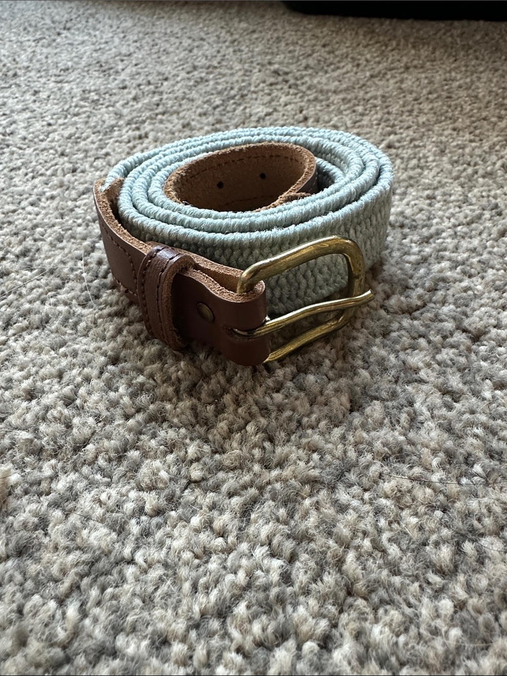 Men's Light Gray Woven Belt with Brown Leather Trim